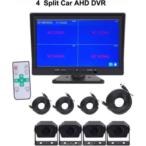 HD 4 Split Car AHD DVR Driving Video Recorder with 7 inch IPS Car Monitor + AHD Front Rear Left Right View Cameras