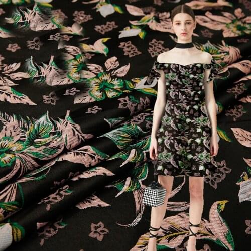 HLQON new arrival gold line yarn dyed brocade jacquard pink flower fabric for dress women clothing tissue patchwork 145cm width