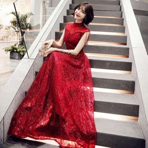 Exquisite Burgundy O-Neck Sequin Evening Dress Tassel Sleeveless A-Line Party Prom Formal Evening Dress Robe De Soiree