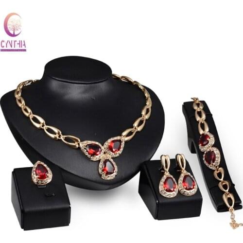 Fine Jewelry Sets Gold color Zircon Pendant Hot Sale Design Austrian Crystal Necklace Bracelet Ring Earrings Wedding Sets