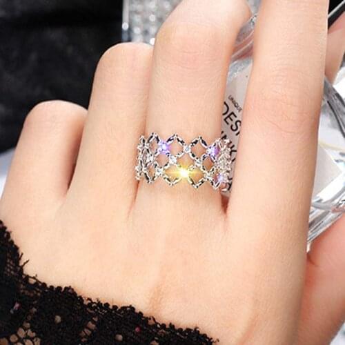 Micro Paved Rhinestone Rings for Women Jewelry Mesh Crystal Rose Gold Adjustable Female Finger Ring Party Wedding Bague