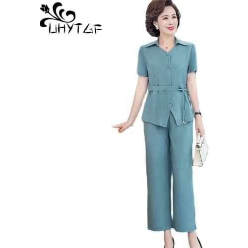 UHYTGF Middle-Aged Women Suit Short Sleeve Top + High Waisted Wide Leg Pants Chiffon Summer Two-Piece Set Plus Size Tracksuit 14