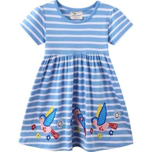Jumping Meters Summer Girls Stripe Dresses Princess Birds Embroidery Fashion Childrens Kids Fashion Dresses Girls Clothing