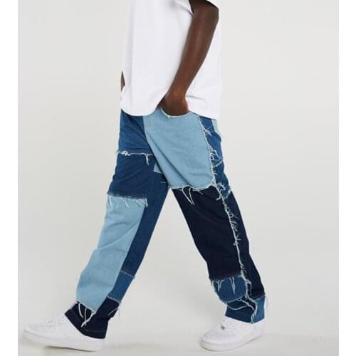 Men Straight Jeans Trousers Fashion Vintage Frayed Patchwork Color Block Denim Pants Men Casual Trousers Ripped Bottoms
