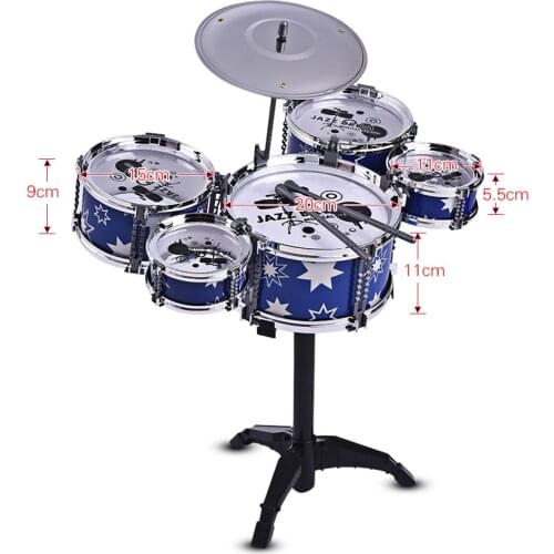 Musical Educational Instrument Toy Children Kids Jazz Drum Set Kit 5 Drums+1 Cymbal with Small Stool Drum Sticks for Boys Girls