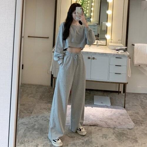 New 2020 Autumn Fashion Casual Womens Sets Solid Color Hoody Wild Cotton Sweatshirts Women Wide Leg Pants Two-pieces winter