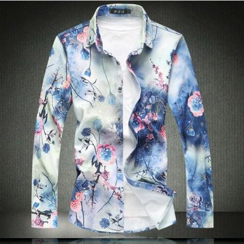 2019 Spring and Fall New Mens Large-size Printed Long-sleeve Shirt Loose Version of Thin Shirt Flower Shirt