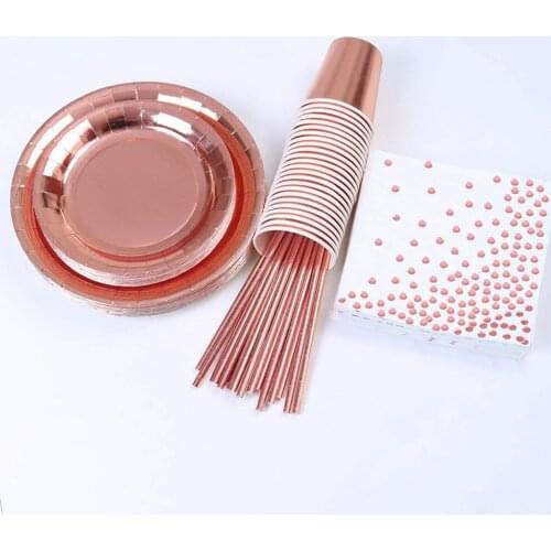 New 146pcs Rose Golden Paper Cups Plates Straws Set Tableware Birthday Party Decor Wedding Tableware for Home