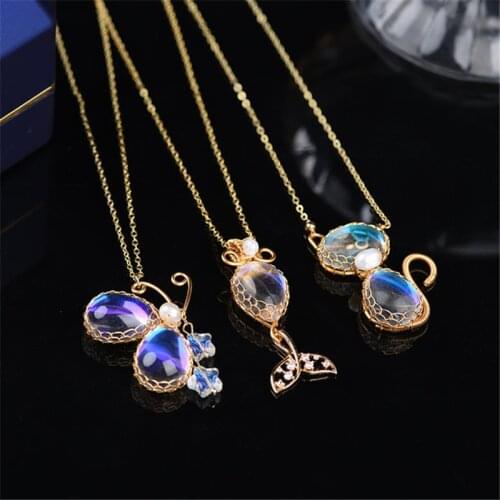 Opal Moonstone Handmade Exquisite Womens Sweater Chain Butterfly Kitty Korean Cute Necklace
