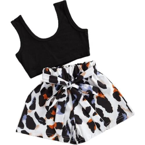OPPERIAYA Kids Baby Girl Fashion 2-piece Outfit Sleeveless V-neck Solid T-shirt Leopard Print Bow Shorts Casual Set for Children