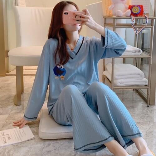 Pajamas womens cotton suit autumn/winter V-neck Korean loose home clothes with elastic high quality nightgown sexy nightwear