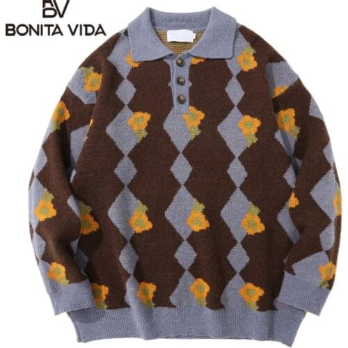 Bonita Vida Geometric Print Hip Hop Mens Pullovers Knitwear Autumn Winter Long Sleeve Fashion Loose Casual Sweater Streetwear