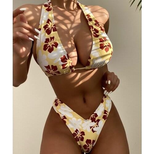 Sexy Floral Print Bikini Set High Waist Lace Halter Neck Women Split Swimsuit Beachwear 2021 -40