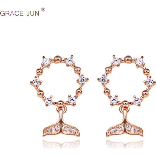 GRACE JUN Korea Style Shiny AAA Cubic Zircon Mermaid Tail Circle Clip on Earrings and Pierced Earrings Popular Wedding Earrings