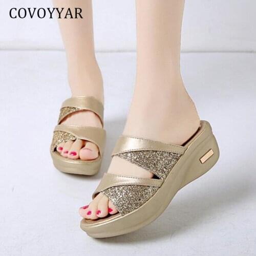 COVOYYAR Summer Wedge Slippers Woman Shoes Bling High Heel Flip Flop Sandals Platform Comfortable Beach Slides WSL153