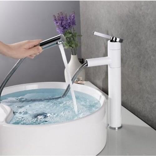 LIUYUE Basin Faucets Black/White Brass Bathroom Basin Pull Out Faucet Flush Any Angle Deck Mount Cold Hot Water Sink Mixer Taps