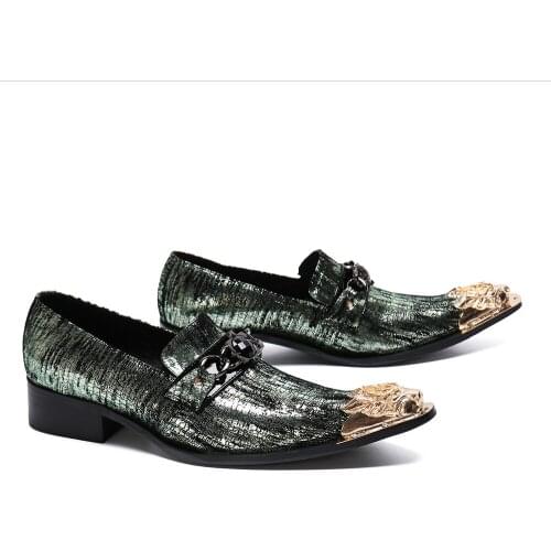 Stylish Business Men Dress Shoes Genuine Leather Pointed Toe Crystal Wedding Shoes Metal claquette Toe Office Formal Shoes Men