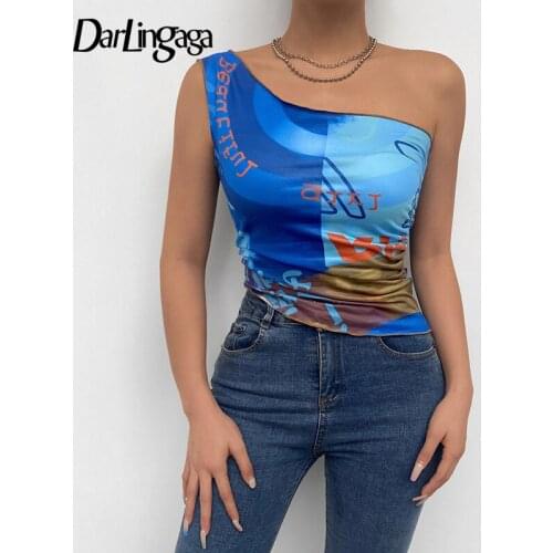Darlingaga Streetwear Tie Dye Print Single Shoulder Tank Top Fashion Asymmetric Y2K Summer Crop Top Women Graphic Party Vest New