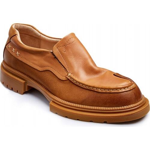 Vintage Mens Round Toe Thick Platform Office Work Formal Shoes Slip On Genuine Leather Dress Shoes Brown Business Man Loafers