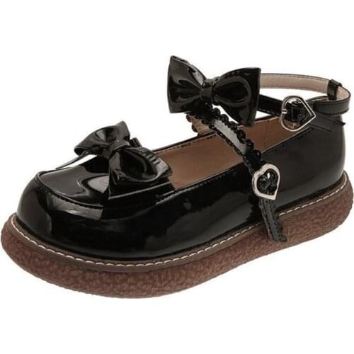 Japanese Lolita Shoes Cute and Sweet Style Bowknot Student JK Uniform Gothic Shiny Leather Round Toe Shoelace Buckle