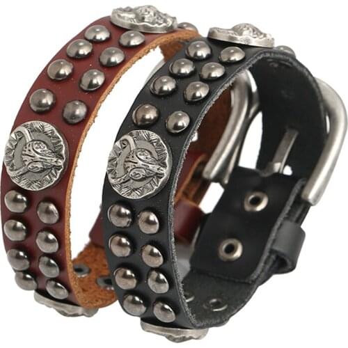 Punk Retro Rivet Goat Head Bracelets & Bangles Male Bracelet For Women Real Leather Bangle Men Jewelry