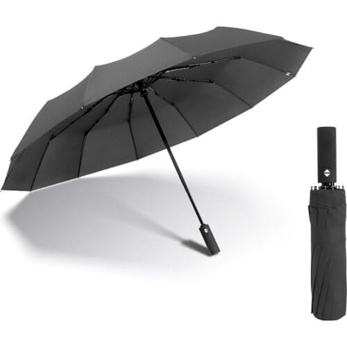 High quality Fully-automatic 3 Folding Male Commercial Compact Large Strong Frame Windproof 12 Ribs Gentle Black Umbrellas