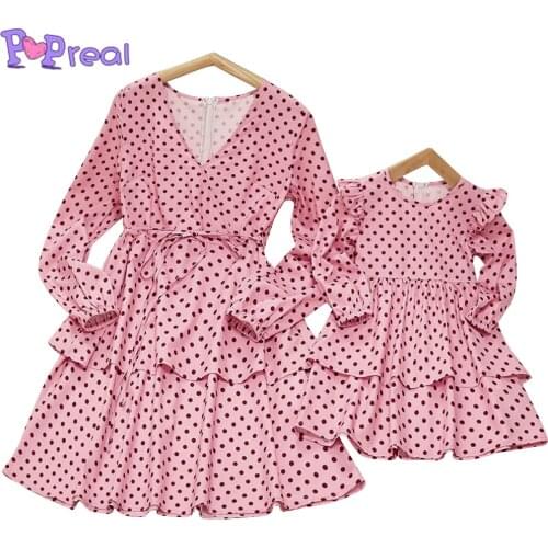 PopReal Mom And Daughter Skirt Parent-Child Outfit Fashion Family Matching Outfits Mini Mother Dress Wave Point Belt