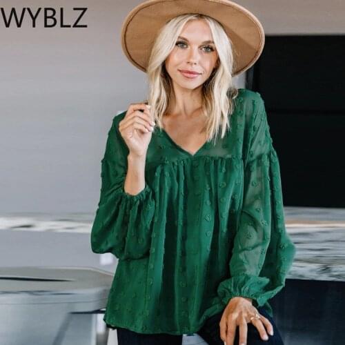 WYBLZ Women New Fashion Elegant Chiffon Blouses Long Sleeve V-Neck Shirt Office Blouse Slim Casual Female Polka Dot Top
