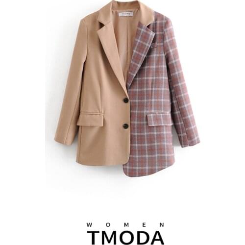 TMODA640 Za Women Patchwork Plaid Blazer Oversize Chic Plaid Asymmetry Jacket Single Breasted Office Lady Work Coat Outwear