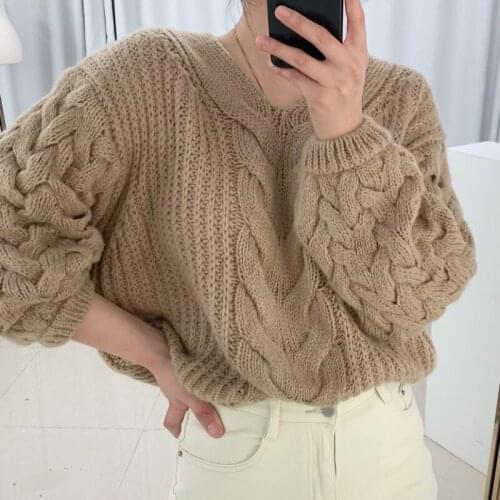 Korean Chic Autumn Winter Women Sweater Vintage Elegant V Neck Puff Long Sleeve Knit Pullovers Sexy Hollow Out Sueter Mujer