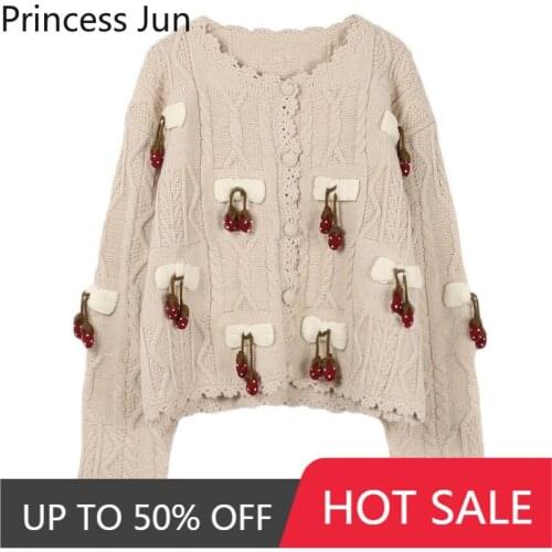Women Fashion Crochet Strawberry Tassel Sweaters Hand-made Knitted Cardigan Top Elegant Retro Hook Pompom Cute Sweaters Jumpers