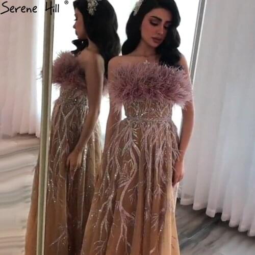 Serene Hill Gold Luxury Strapless Evening Dresses Gowns 2021 Beading Feathers Sexy A-Line For Women Party BLA71071