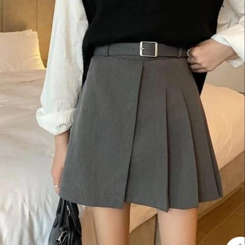 2021 Summer Fashion Womens Skirt Young Preppy Style Irregular Sexy Mini Skirts Black Pleated High-Waisted Skirt With Belt Lady