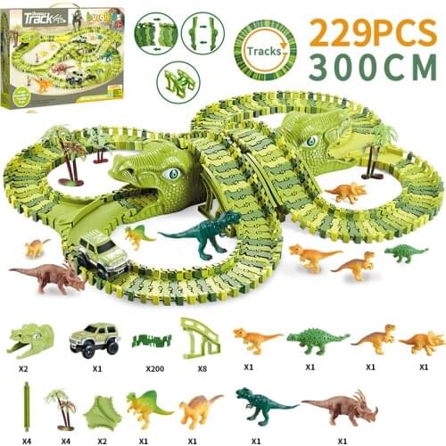 269 PCS Dinosaur Car Track Railway Toys Car Track Flexible Race Car Magic Track Electric Car Montessori Toys For Boys Children