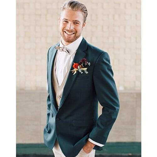 ANNIEBRITNEY Dark Green Men Slim Fit Formal Suit With Ivory Pants 2020 3 Piece Groom Wedding Tuxedo Cutsom Prom Wedding Suit Set