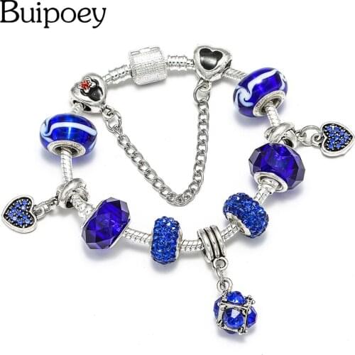 Buipoey Blue Crystal Beaded Heart Charm Bracelets For Men Boy Original Murano Glass Spindrift Bracelet Bangle Men Jewelry Gift