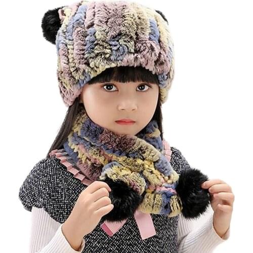 Childrens Winter Fur Hats Scarf Girls Real Rex Rabbit Fur Beanie Cap For Christmas Hand-Woven Fluffy Soft