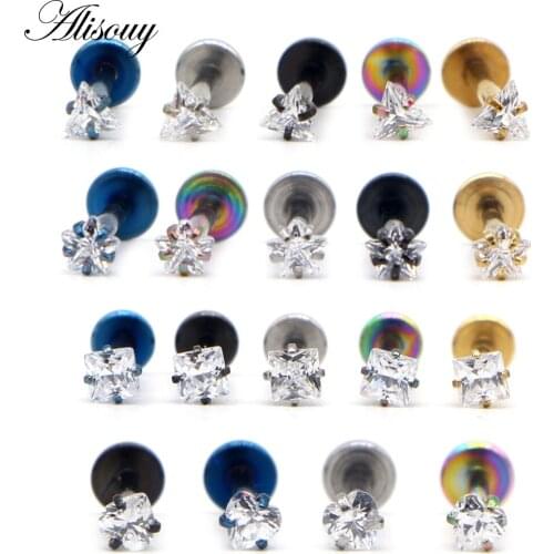 Alisouy 1 PCS Steel Black Labret Lip Ring Zircon Anodized Internally Threaded Prong Gem 16G Tragus Helix Ear Piercing