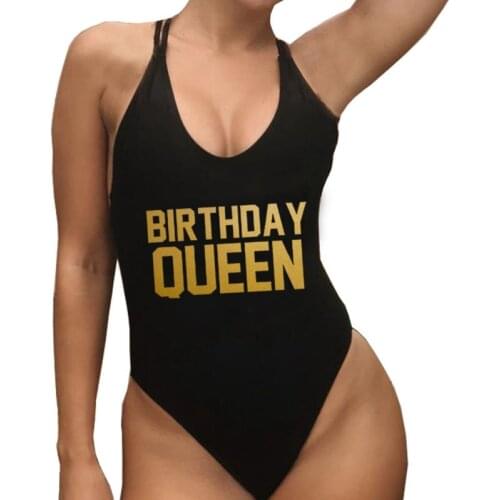 Sexy High Cut Swimsuit Women Birthday Queen gold Print Swimwear One Piece Push Up Monokini Bathing Suit Girls Bodysuit Beachwear
