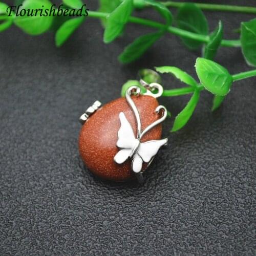 Metal Butterfly Natural Gemstone Water Drop Winding Pendant Fit Necklace Minerral Jewelry DIY Stuff Red Sandstone / Crystal