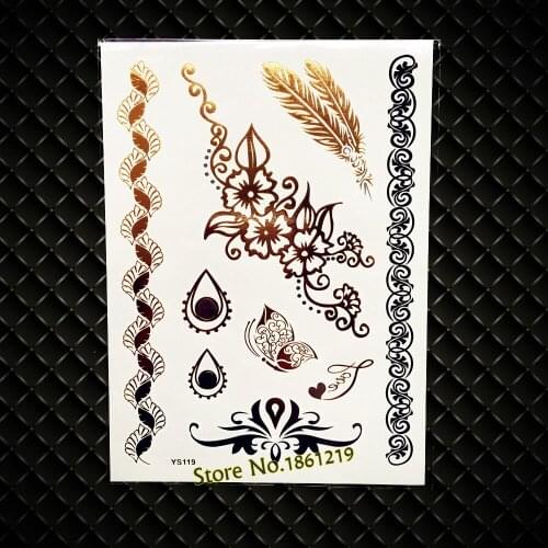 Fashion Big Henna Flower Bracelets Temporary Tattoo Gold Color, Feather Chains Fake Metallic Waterproof Totem Tatoo Women Makeup