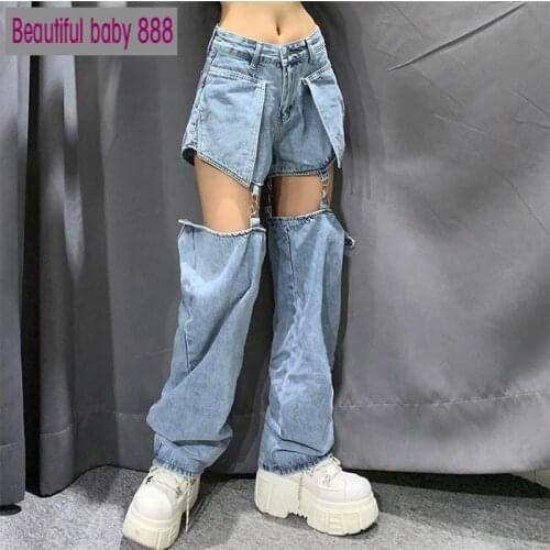 Meqeiss New street Jeans Women Splice Wide Leg Trousers Hip-hop cotton Loose Retro Chain Removable Cool Girls Womens Denim pants
