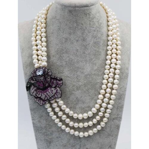 3rows freshwater pearl necklace white round 8-9mm wholesale pink flower prndant gift 19-21inch