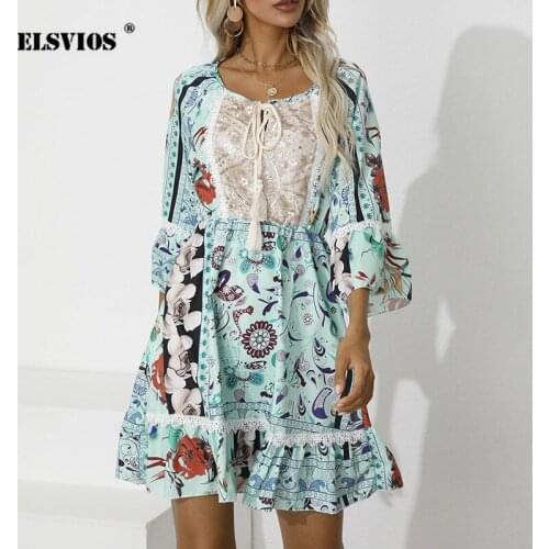 Summer Flare Sleeve Boho Print Dress Autumn Womens Belt O-Neck Sequins Streetwear Vestidos Casual Elegant Ladies A-Line Dresses