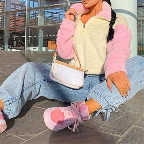 Casual Zipper Turn Neck Patchwork Long Sleeve Sweatershirt Drawstring 2020 Autumn Winter Sweet Girls Velvet Pullover Top Outfit