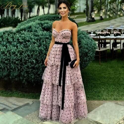 Pink Prom Dresses Long Black Dot Cute Sweetheart Strapless Tiered Evening Dresses Black Blet Evening Gown Vestidos de cóctel