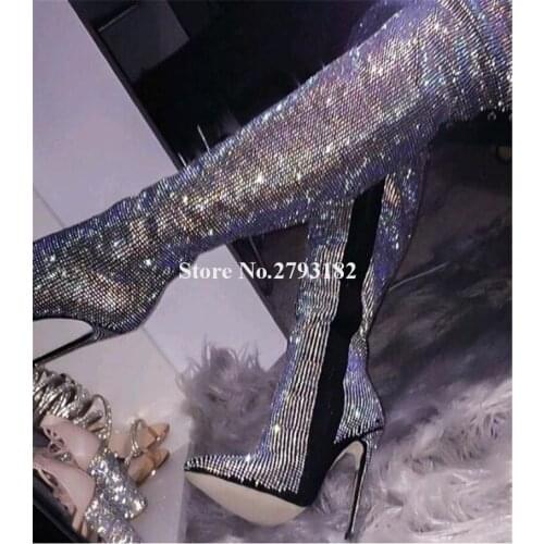 Sexy Luxurious Women Pointed Toe Bling Bling Rhinestone Over Knee Thin Heel Boots Lace-up Crystal Long High Heel Boots