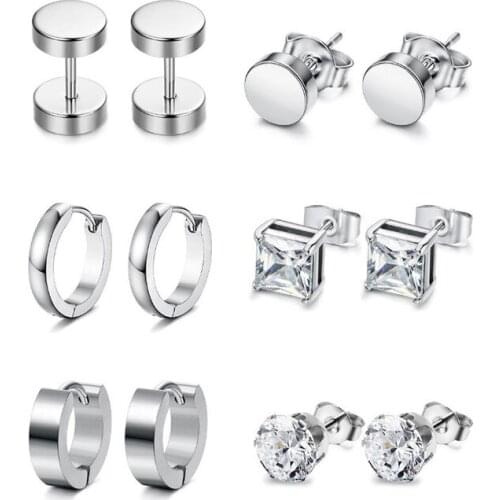 6 Pairs Black Surgical Steel Ear Studs Rings Earrings Clean Cubic Zirconia Tragus Cartilage Body Piercing Jewelry Gift for Men