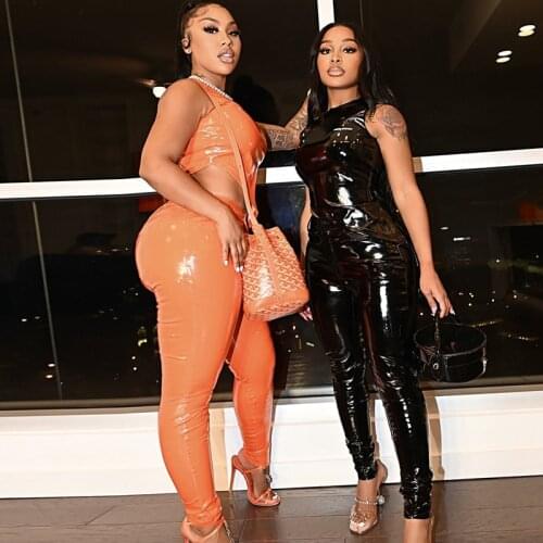 Skinny PU Leather Club Outfits Sexy Women Two Pieces Party Matching Set Side Cut Out Top+Pencil Pant Suits Womens Clothing 2021