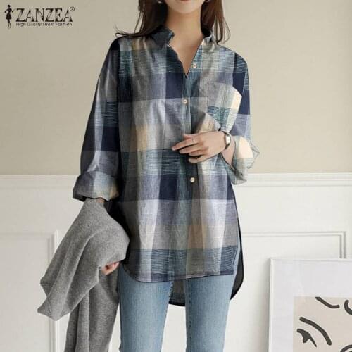 ZANZEA Plaid Check Tops Fashion Autumn Asymmetrical Shirts Womens Lapel Loose Blusa Casual Lapel Long Sleeve Tunic Plus Size 5XL